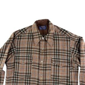 Vintage Pendleton Shirt Mens Medium 15 1/2 Field Plaid Brown 50s 60s